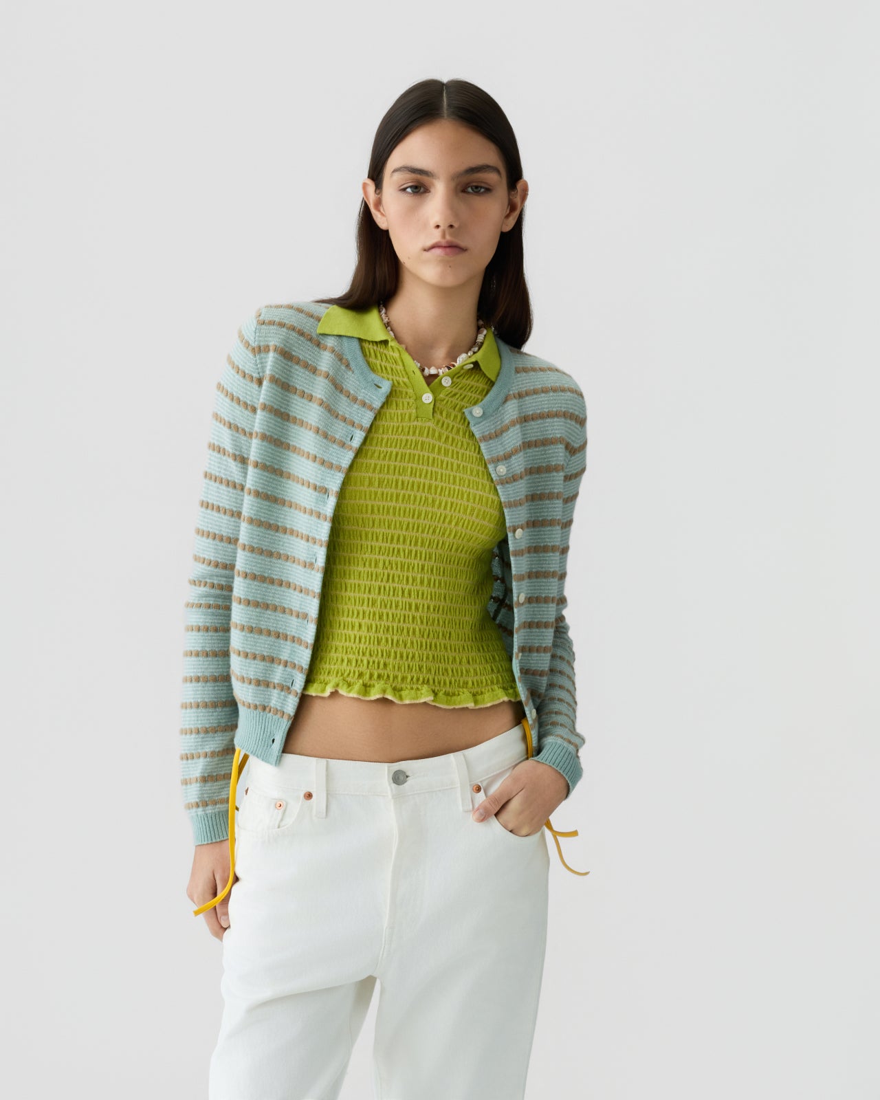 image of a model wearing the Guest in Residence Jane  Stripe Cardigan