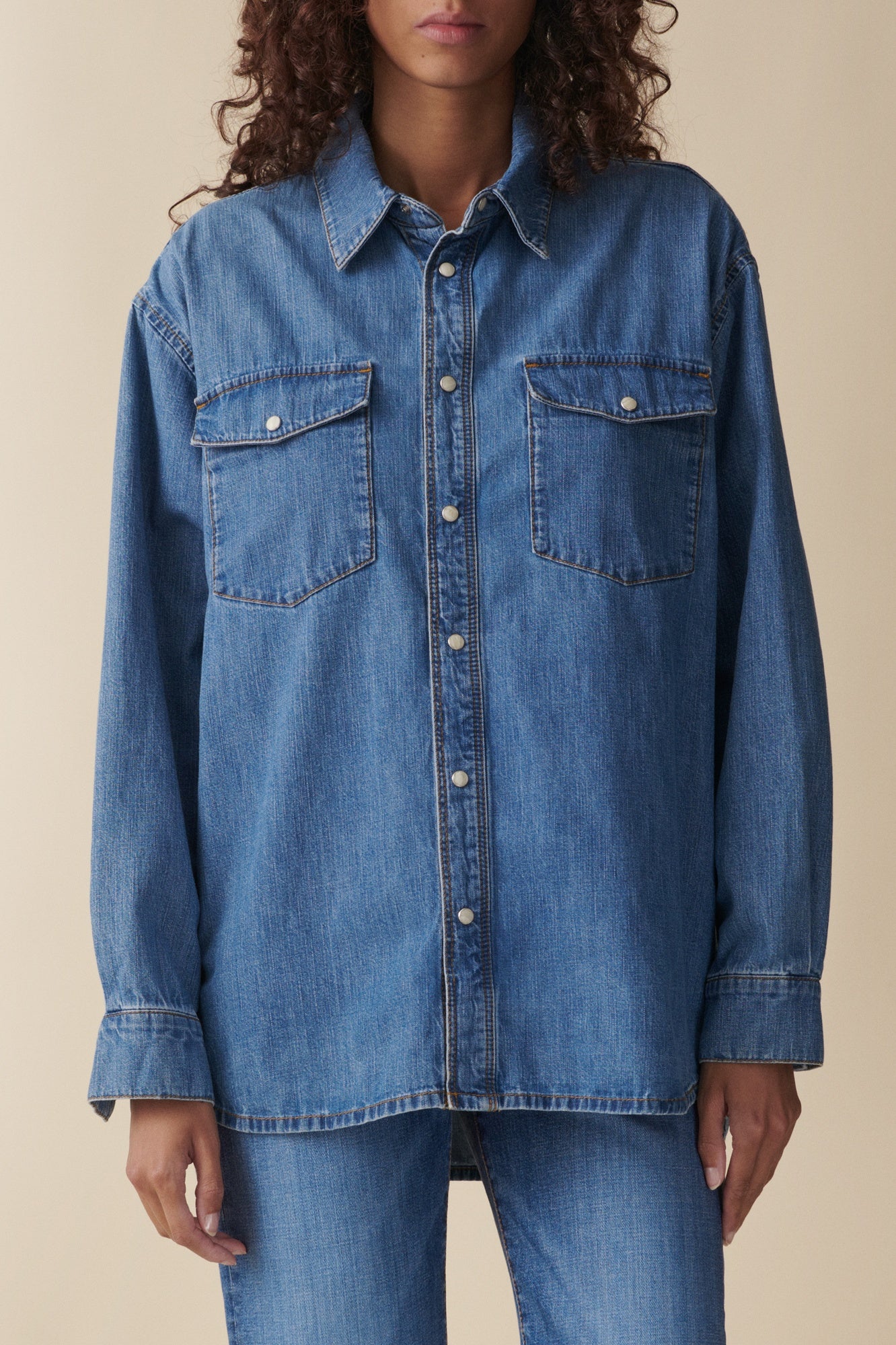 image of a model wearing the Angela Denim Shirt