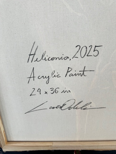 Canvas with signature, date, and dimensions written on it