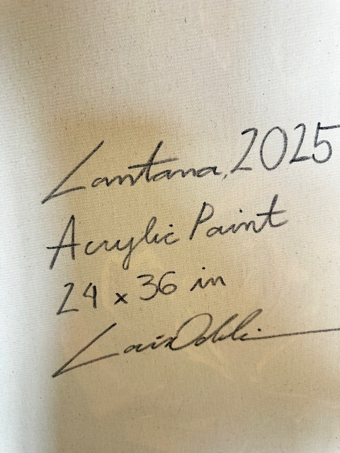 Signature on a beige surface with text indicating 'Fantana 2025', 'Acrylic Paint', dimensions '24 x 36 in', and a signature.