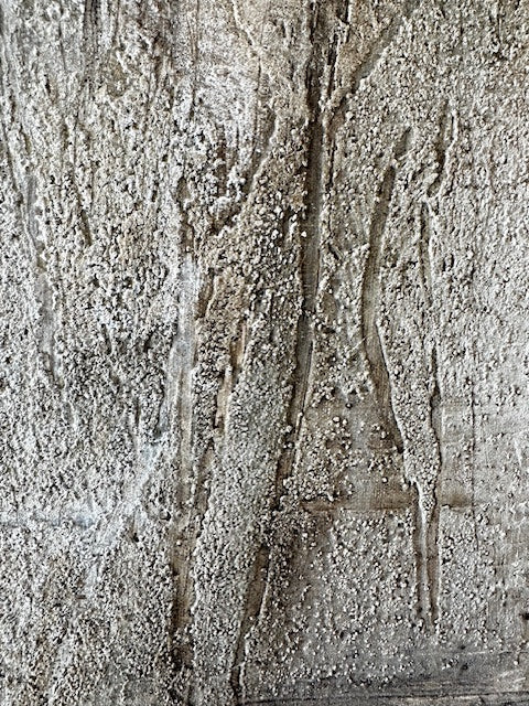 Close-up of a textured surface with patterns resembling tools or weapons.