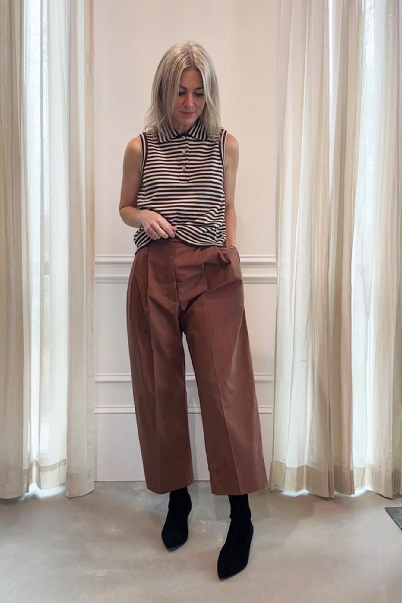 image of a woman wearing the Rachel Comey Babar Pants in Sienna and Pola Vest