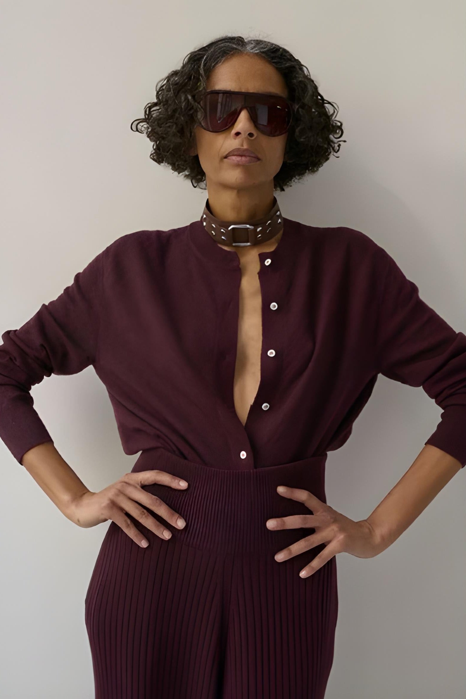 Model wearing Rachel Comey Matin Cardigan standing against a white background