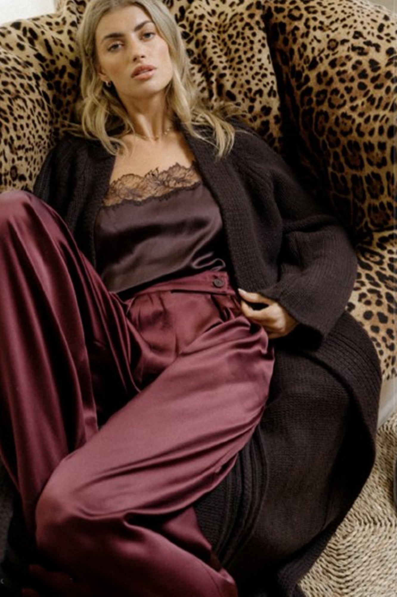 image of a model wearing the Sablyn Haya Lace Silk Cami