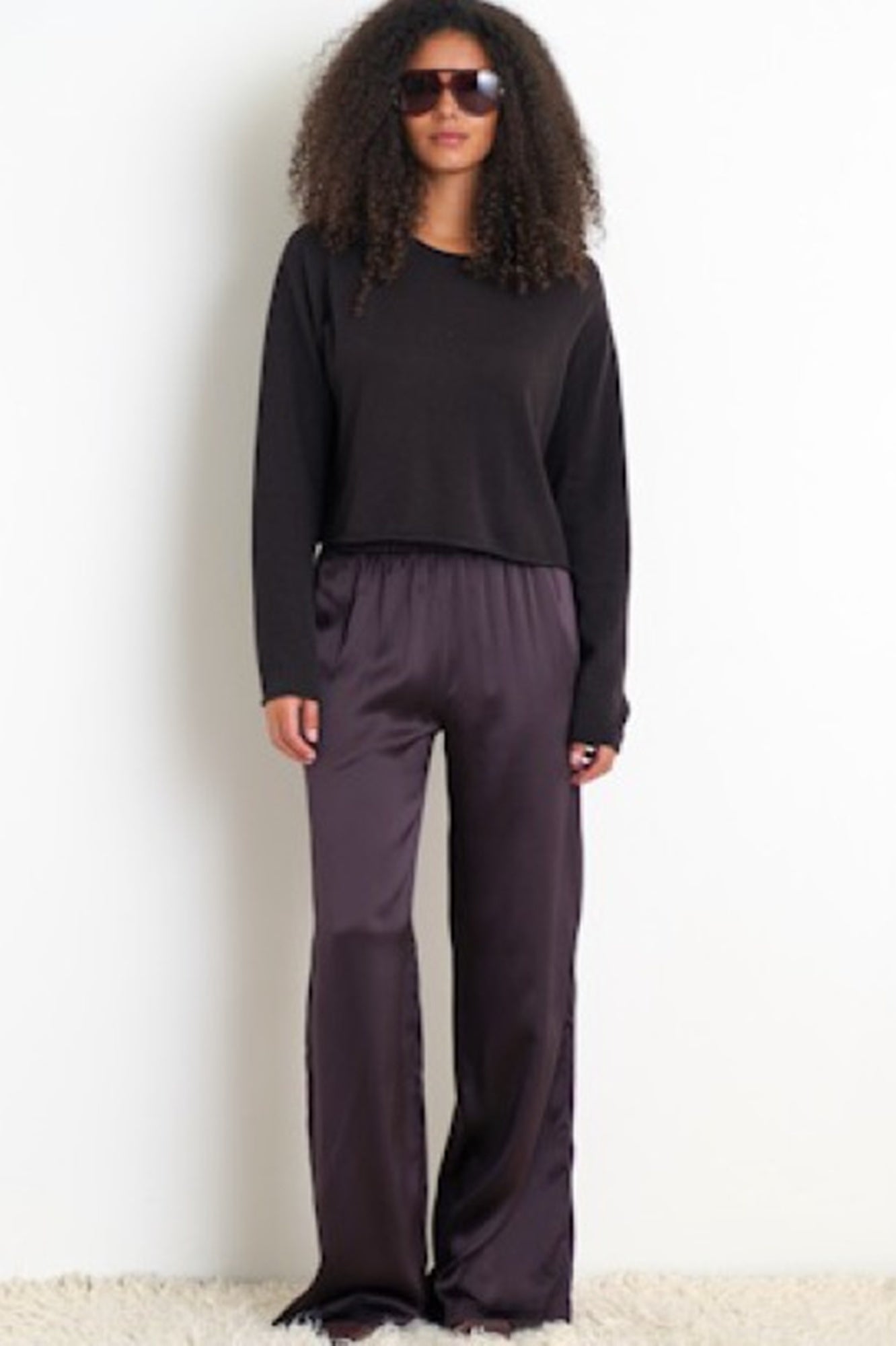 image of a model wearing the Sablyn Lance Cropped Pullover Sweater in Black