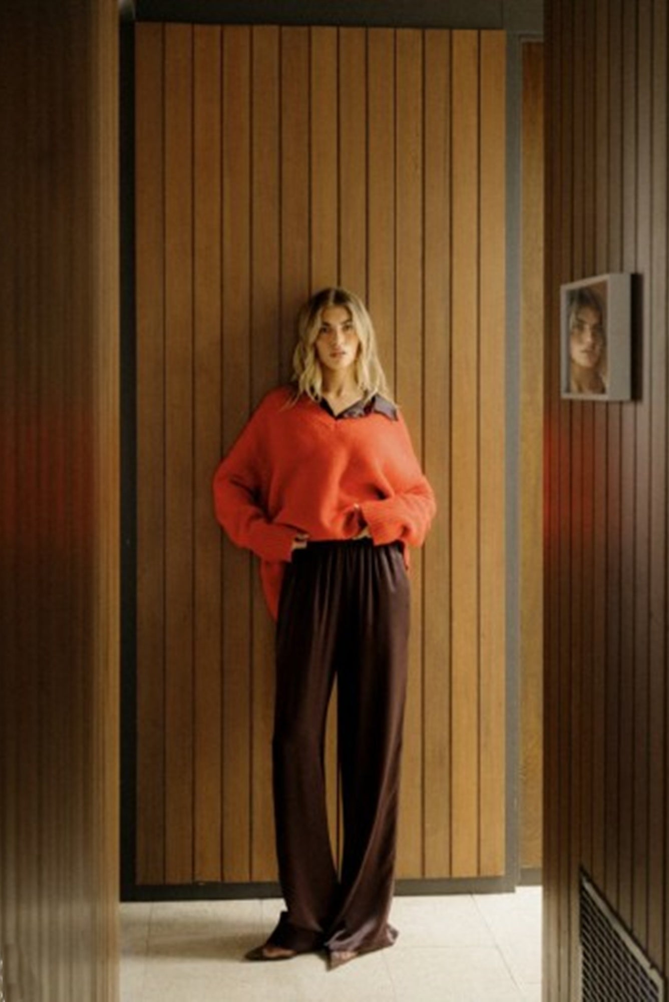 image of a model wearing the Sablyn Lexi Silk Pants in Oak Tree