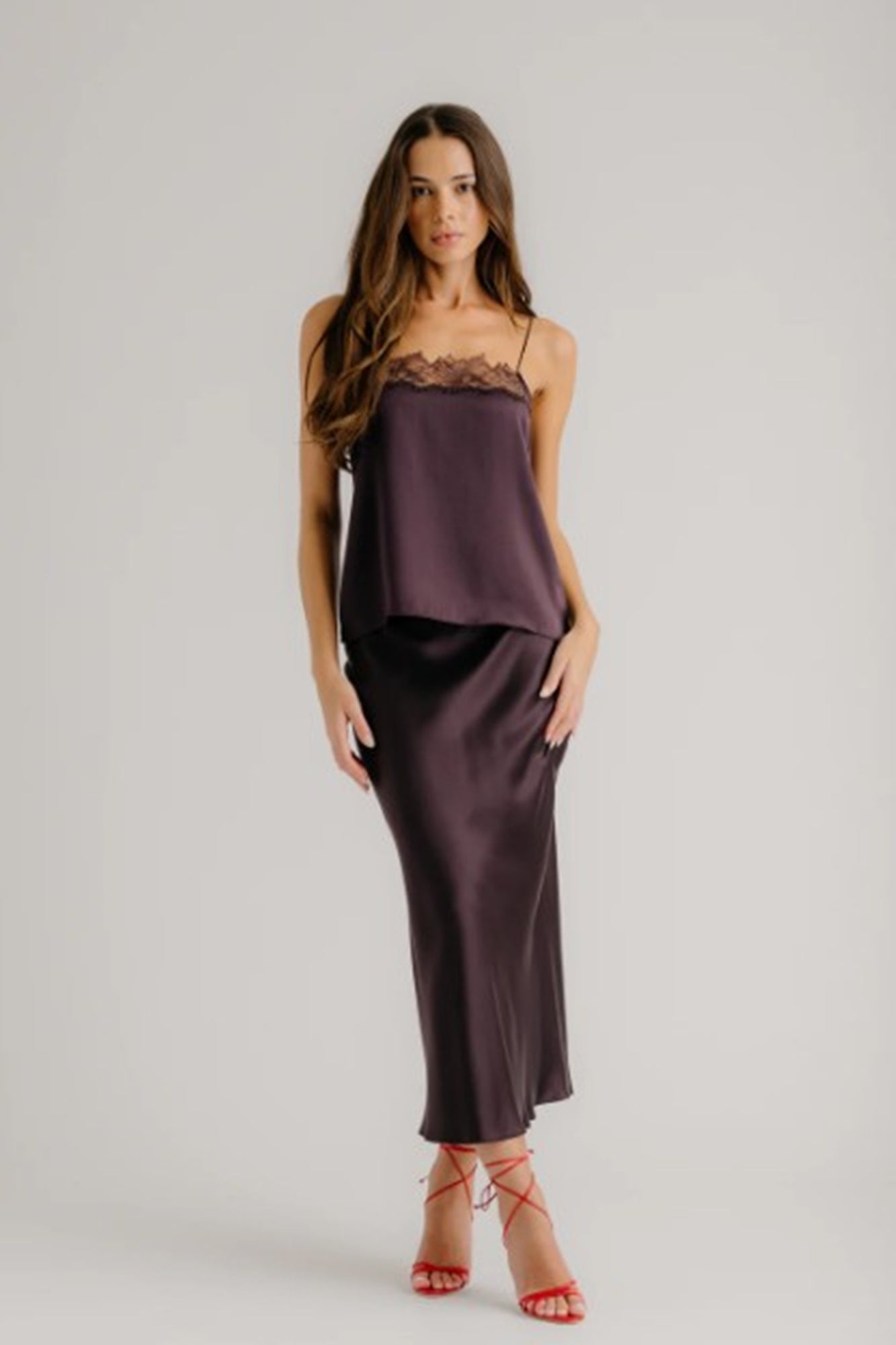 image of a model wearing the Sablyn Miranda B Silk Skirt in Oak Tree