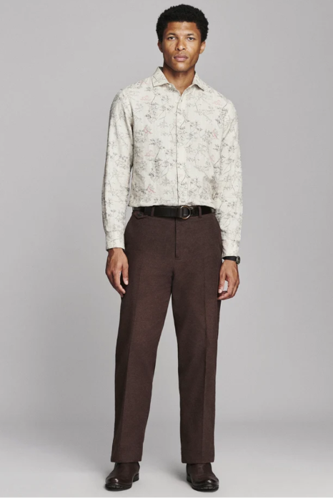 Man wearing the Billy Reid Cardinal Grid Cedar Shirt against a white background
