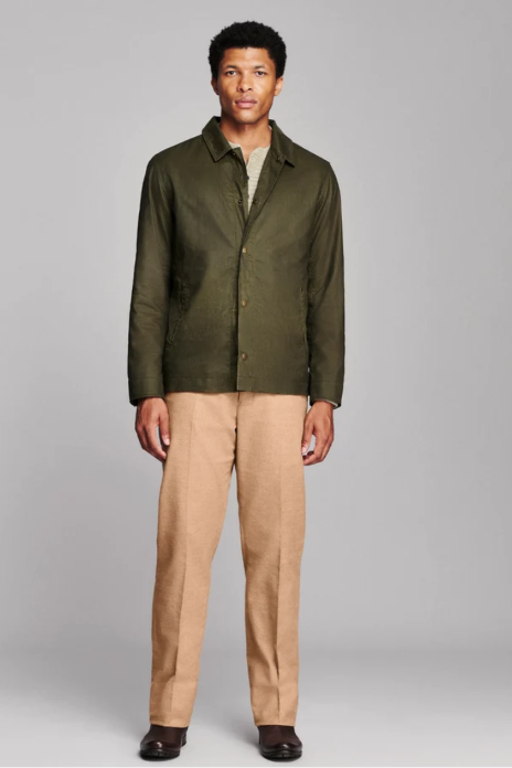 A man wearing the Billy Reid Harrison Jacket standing against a white background
