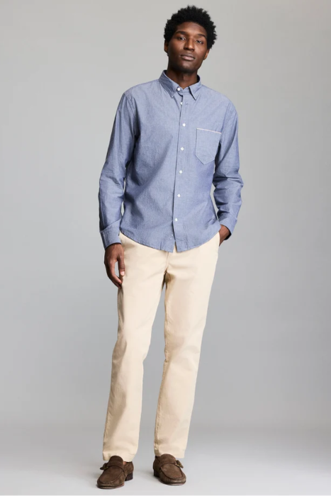 A man wearing the Billy Reid MSL1 Pocket Shirt against a white background