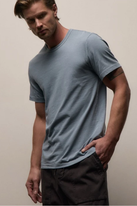 A man wearing a light slate blue crewneck t-shirt and dark brown cargo shorts, standing against a plain beige wall.