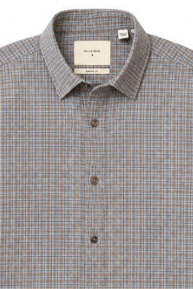 The Billy Reid Twill Plaid Hutcheson Sport Shirt standing against a white background