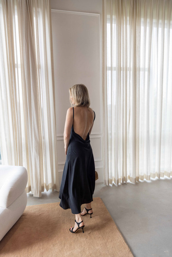 St Agni Silk Drape Back Midi Dress