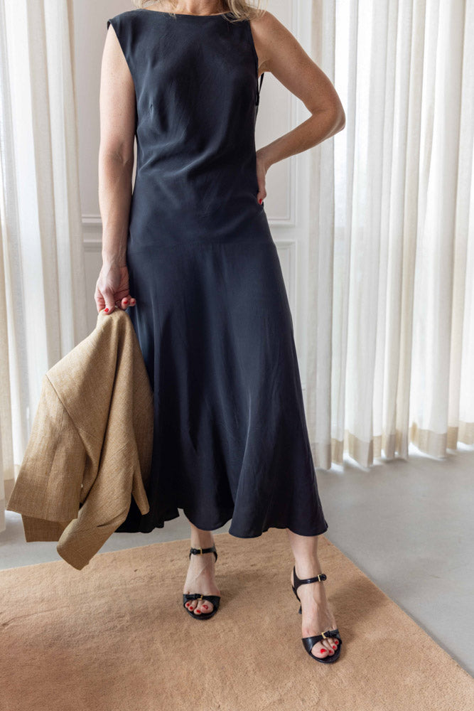 St Agni Silk Drape Back Midi Dress