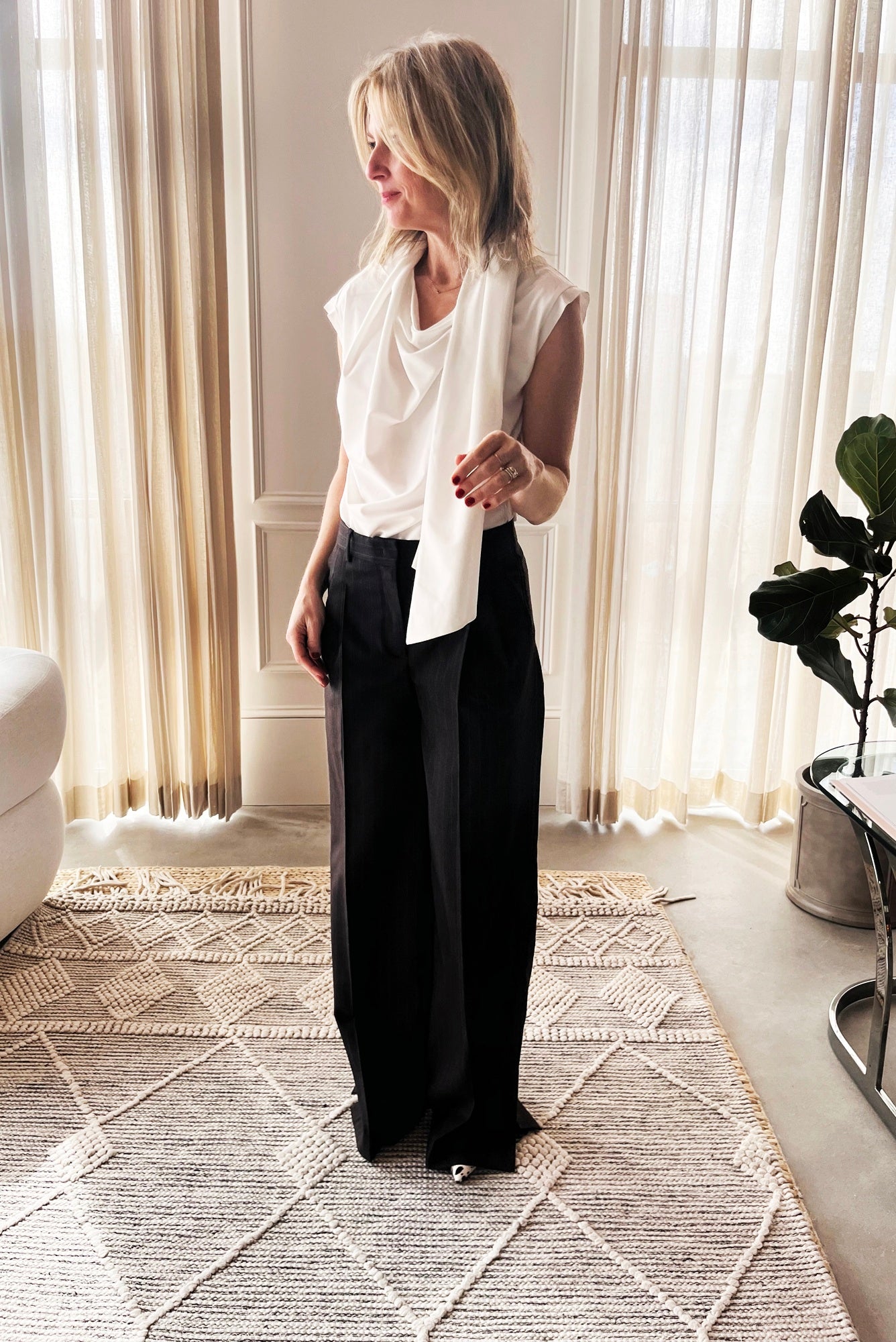 image of a woman wearing the Garment Scarf tee and Andora Pants