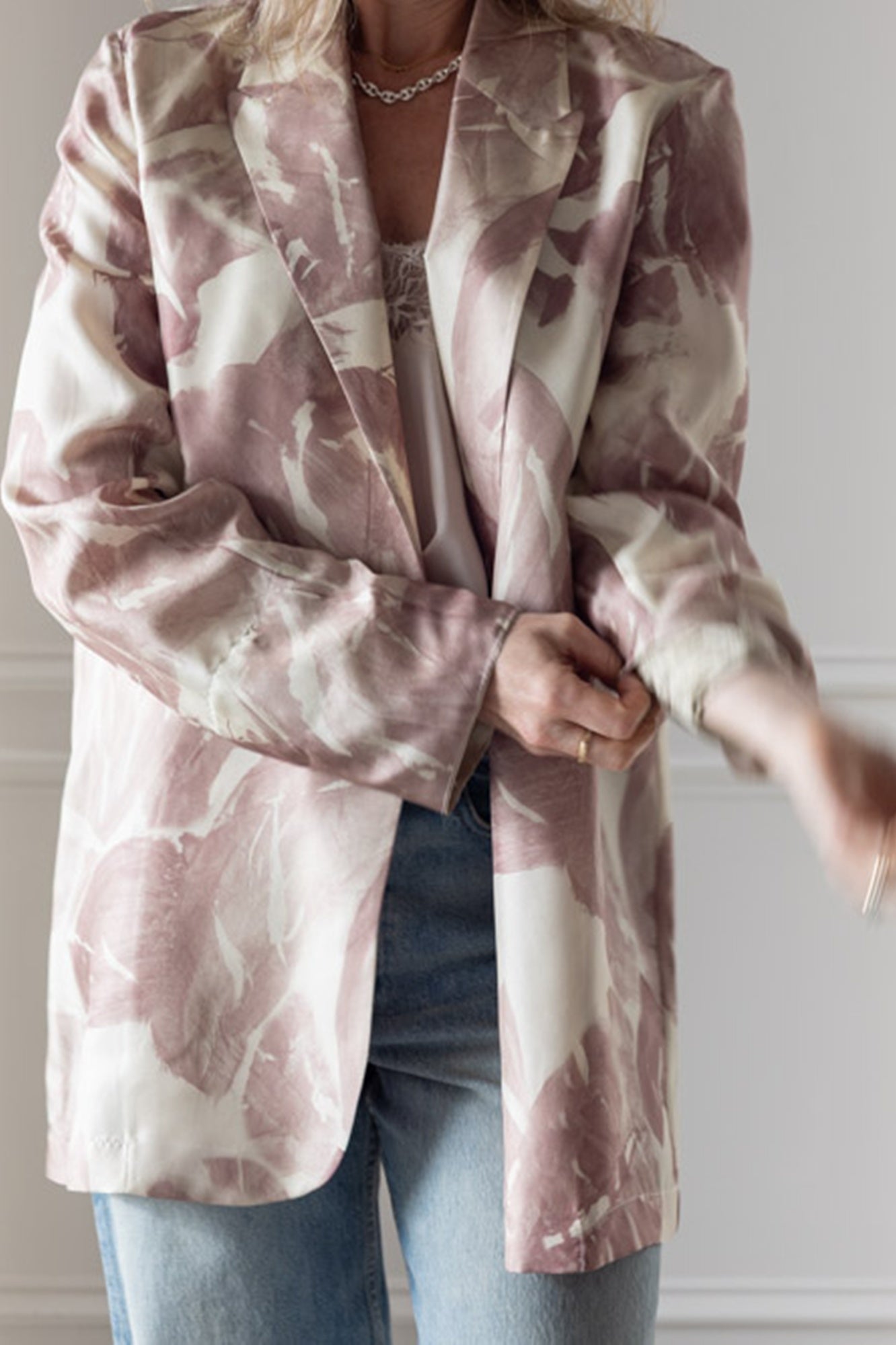 image of a woman wearing the Alysi Brushed Print Jacket
