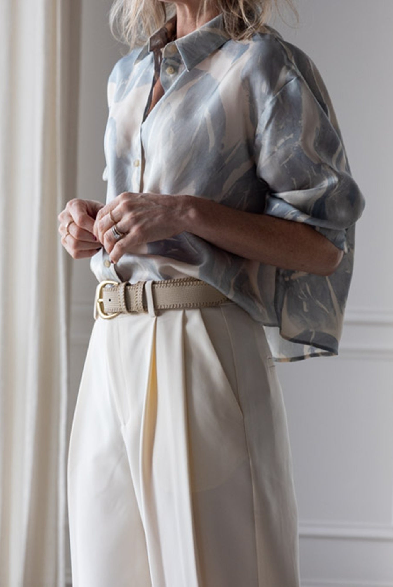 image of a woman wearing the Alysi Brushed Print Shirt and Seroya Sonya Pants