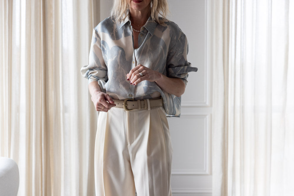 image of a woman wearing the Alysi Brushed Print Shirt and Seroya Sonya Pants