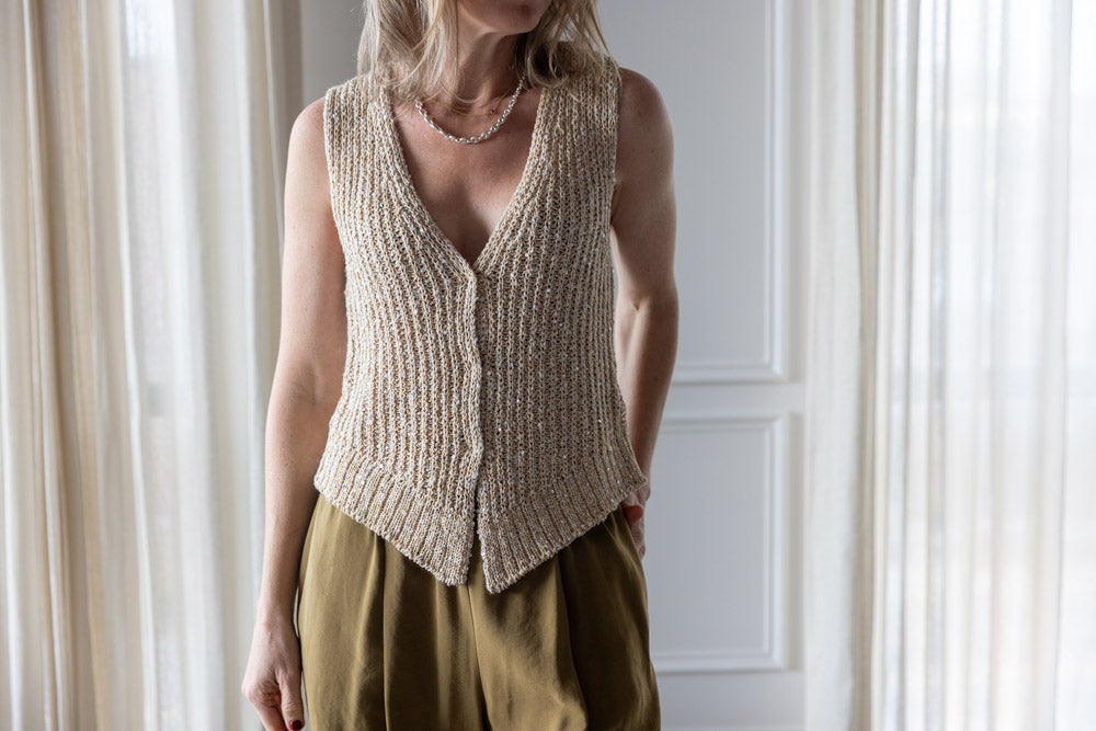 image of a woman wearing the Alysi Sequin Vest and Wide Leg Pants
