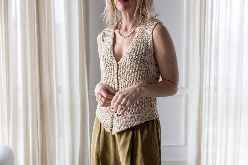 image of a woman wearing the Alysi Sequin Vest and Wide Leg Pants