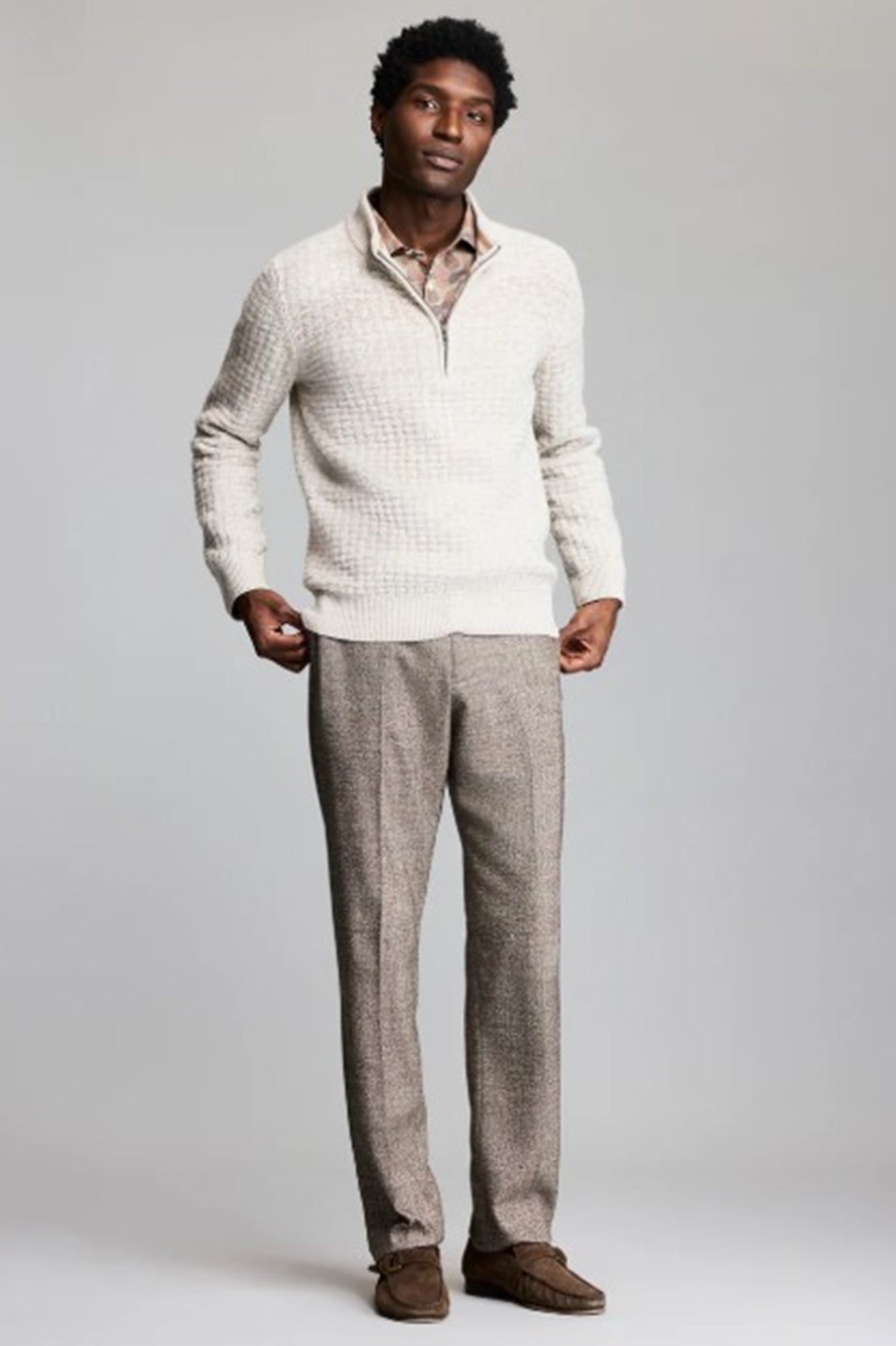 Billy Reid Basketweave Half Zip Sweater-Oatmeal