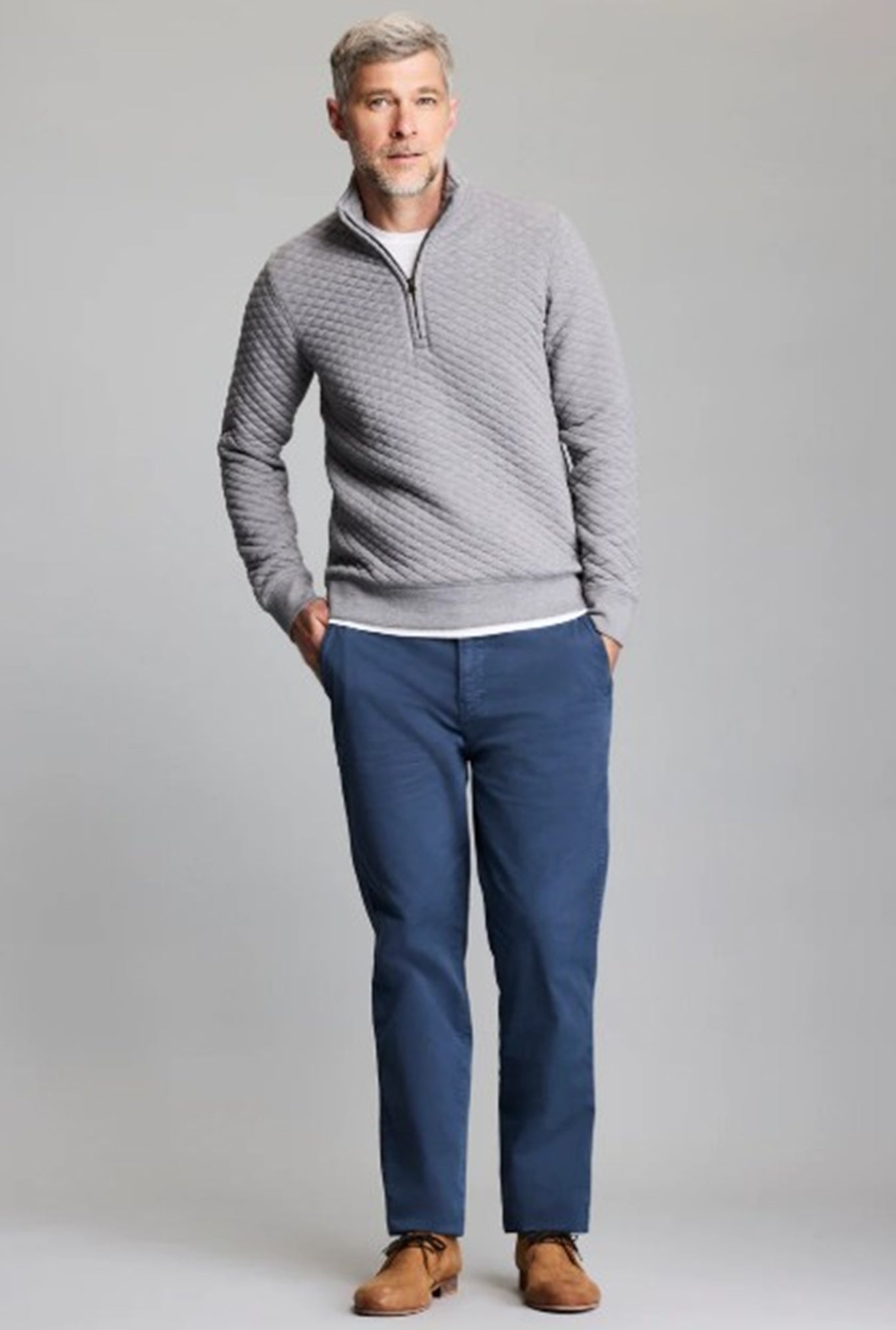 image of a model wearing the billy reid diamond quilt half zip in grey