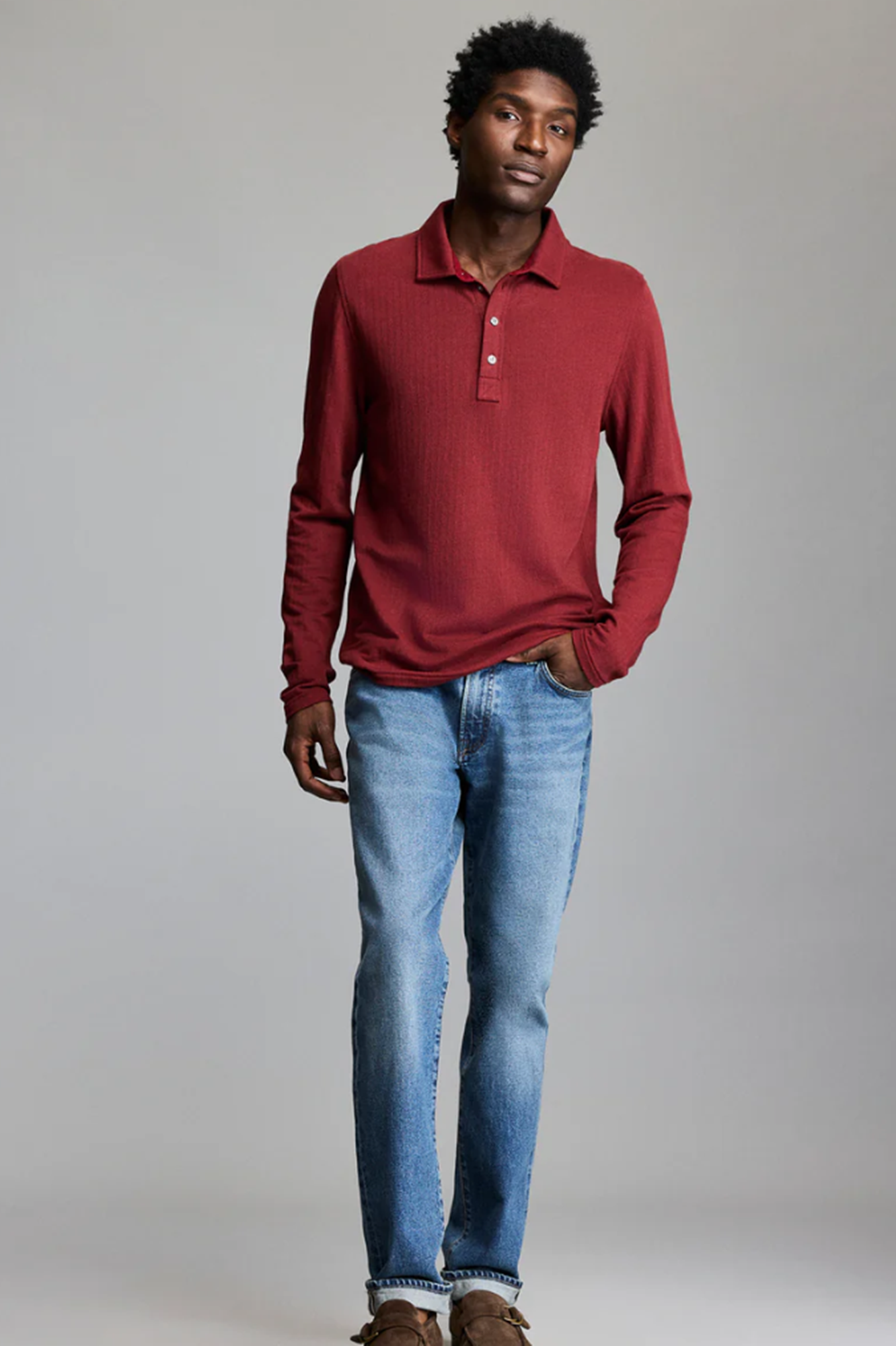 Billy Reid Long Sleeve Polo Herringbone Syrah