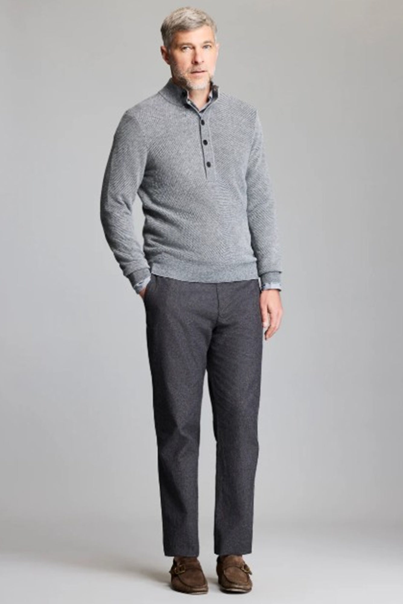 Billy Reid Button Placket Twill Pullover-Charcoal
