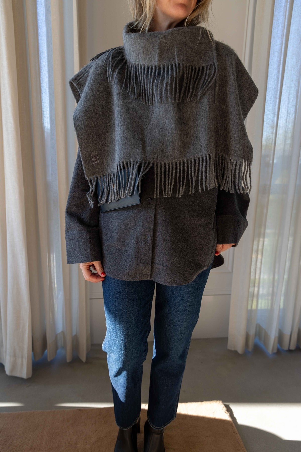 by Malene Birger Turtla in Grey Melange, fringed wool cape scarf over the Derris Flannel Shirt with blue jeans
