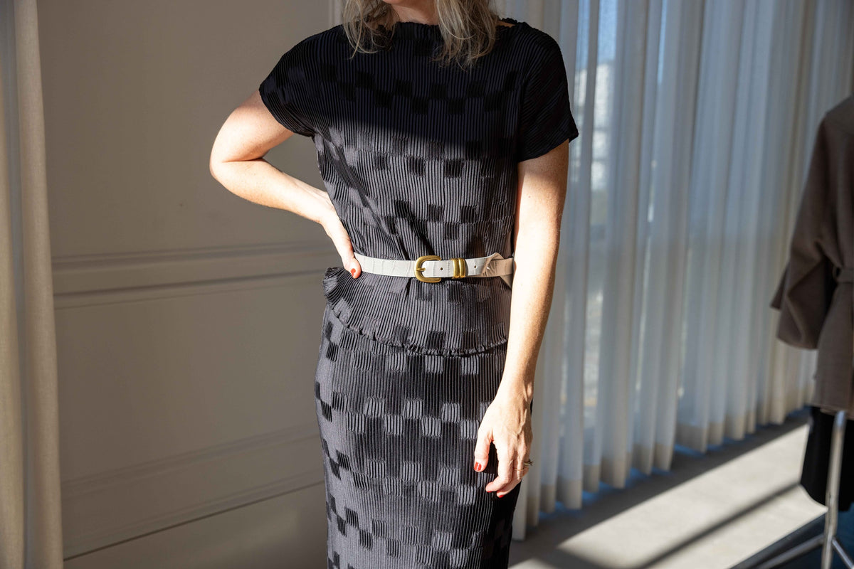 by Malene Birger Lianna Top with dropped shoulders and Lian Maxi Skirt in black pleated satin, belted with a Zoilo Belt