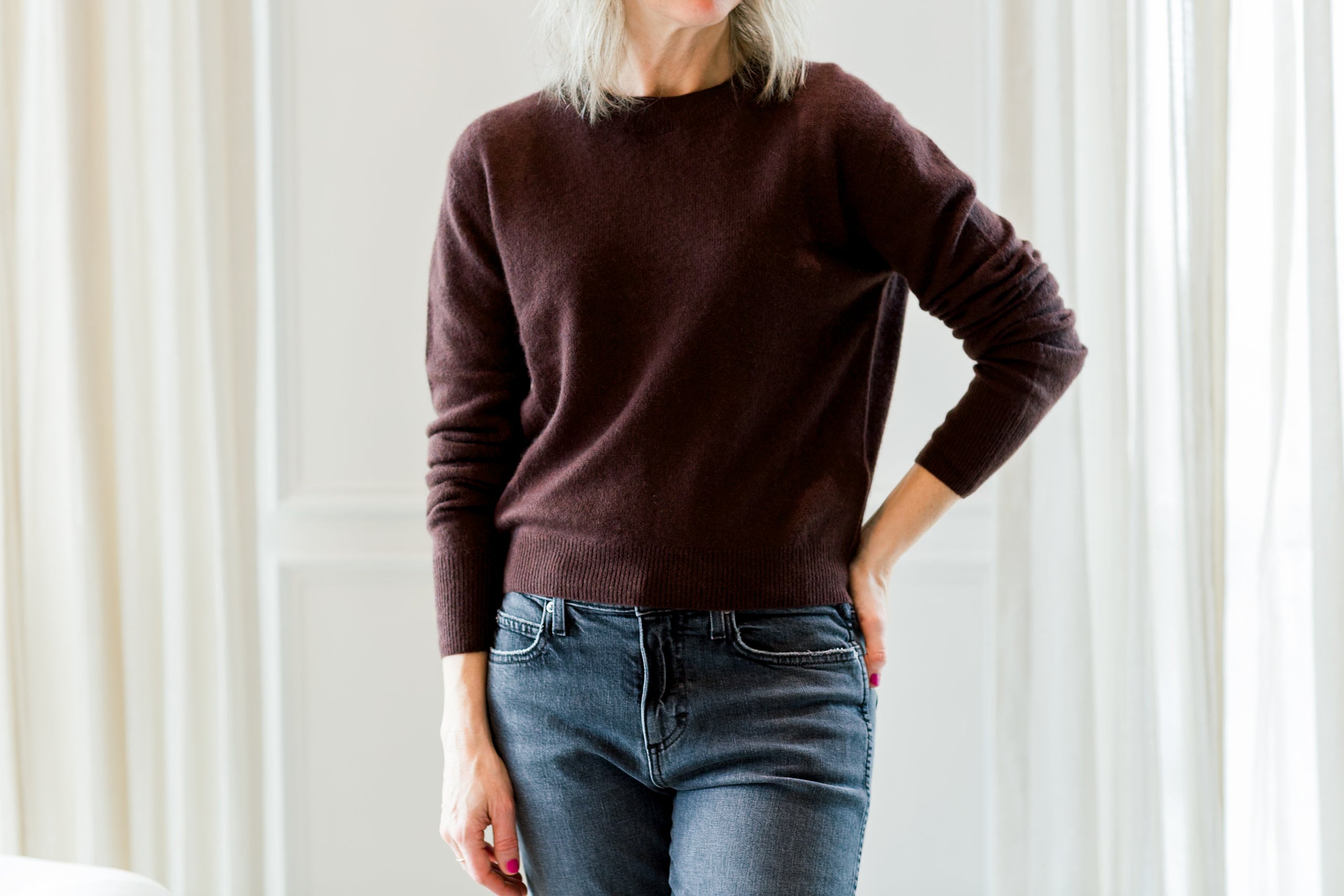 image of a woman wearing the eterne francis sweater in espresso
