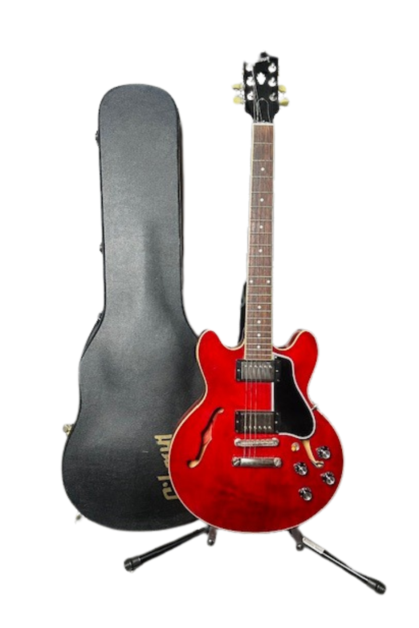 Red electric guitar with a black case on a white background