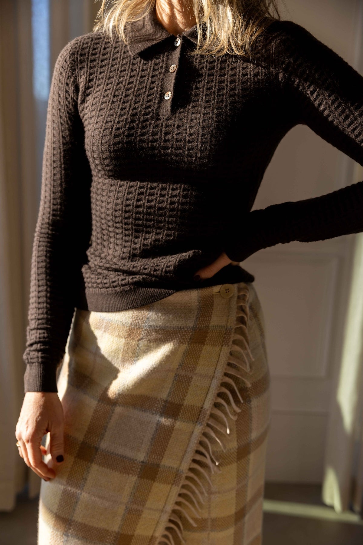 Guest in Residence Long Sleeve Waffle Polo worn with the Guest in Residence Tartan Wrap Skirt, view 1