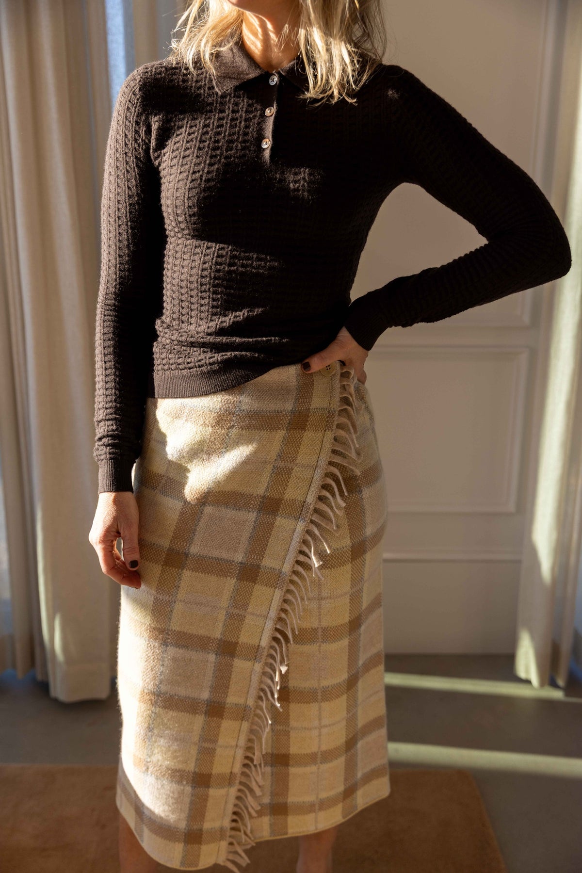 Guest in Residence Long Sleeve Waffle Polo worn with the Guest in Residence Tartan Wrap Skirt, view 2