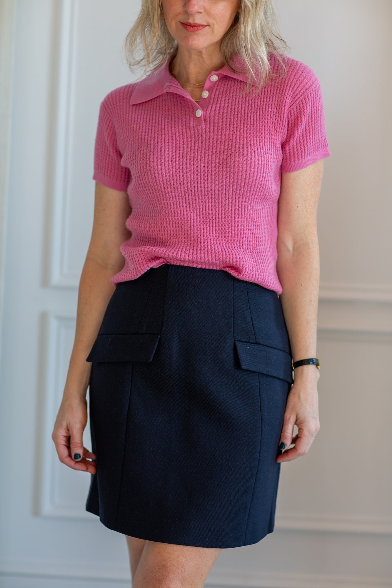 model wearing the guest in residence shrunken polo and herskind benjamin skirt