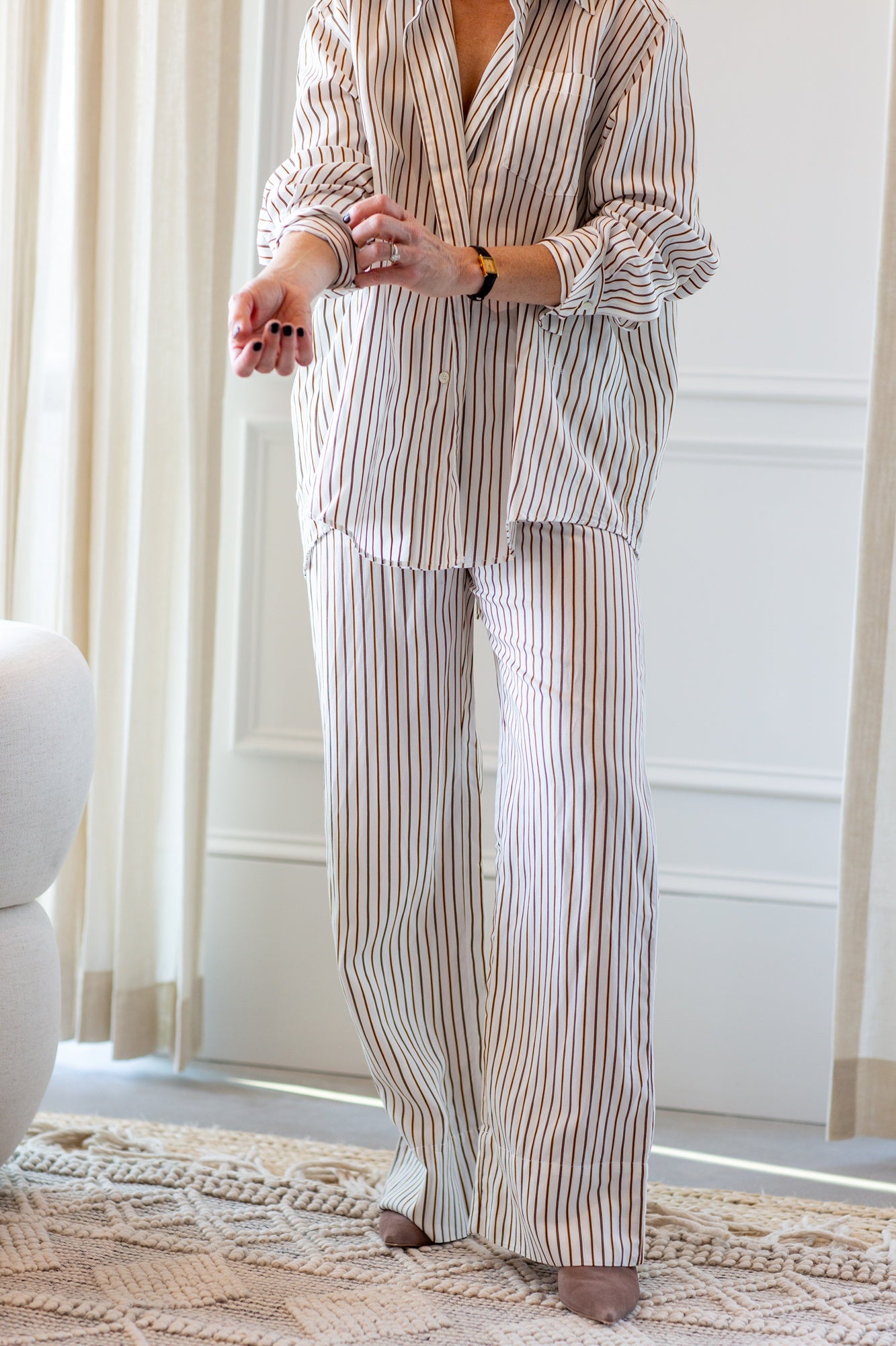 model wearing the house of dagmar fluid stripe relaxed trousers