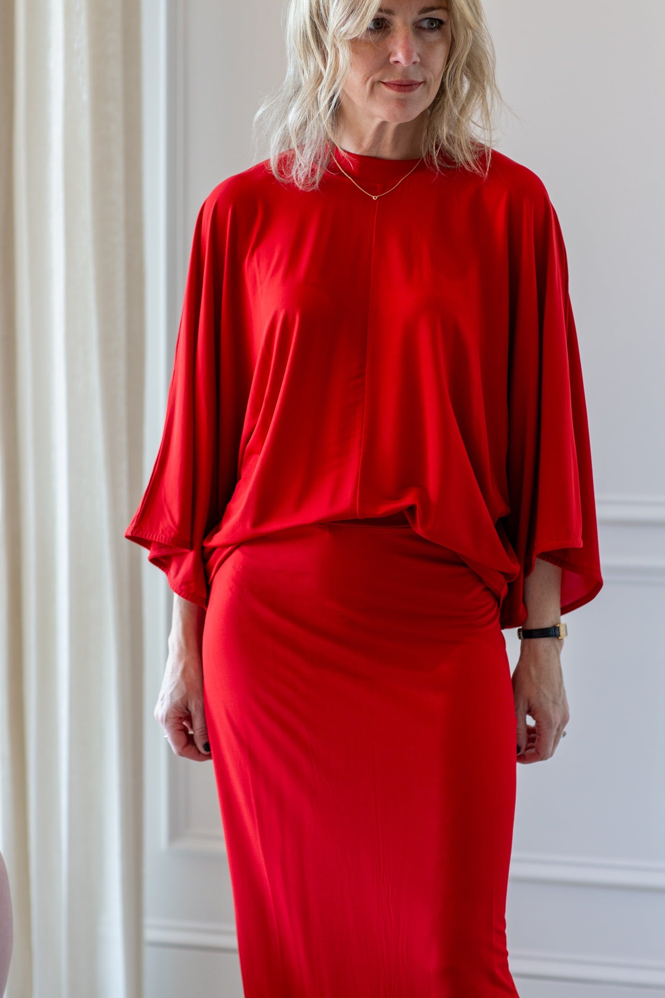 woman wearing the house of dagmar jersey kimono top and skirt