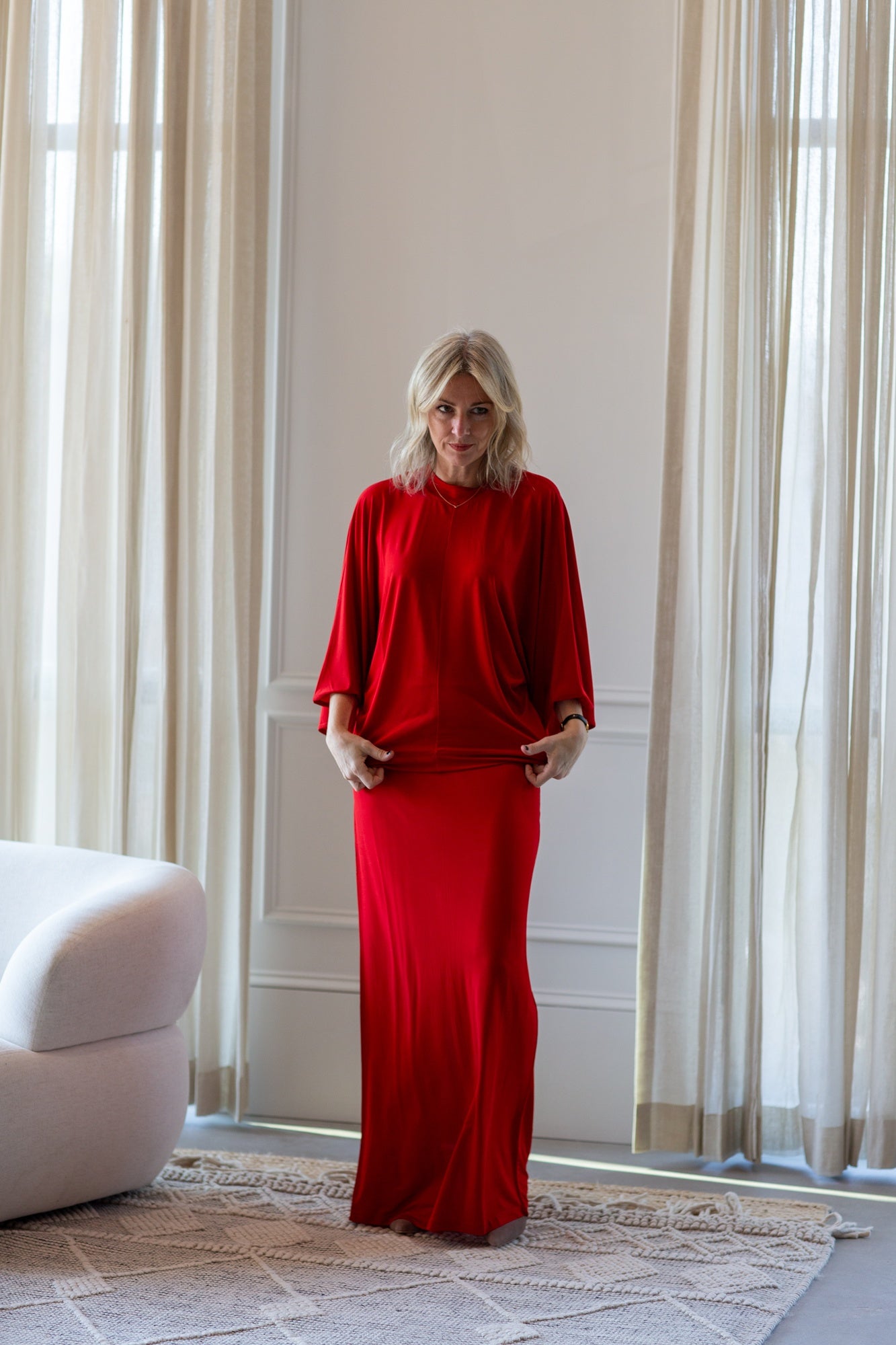 woman wearing the house of dagmar jersey kimono top and skirt