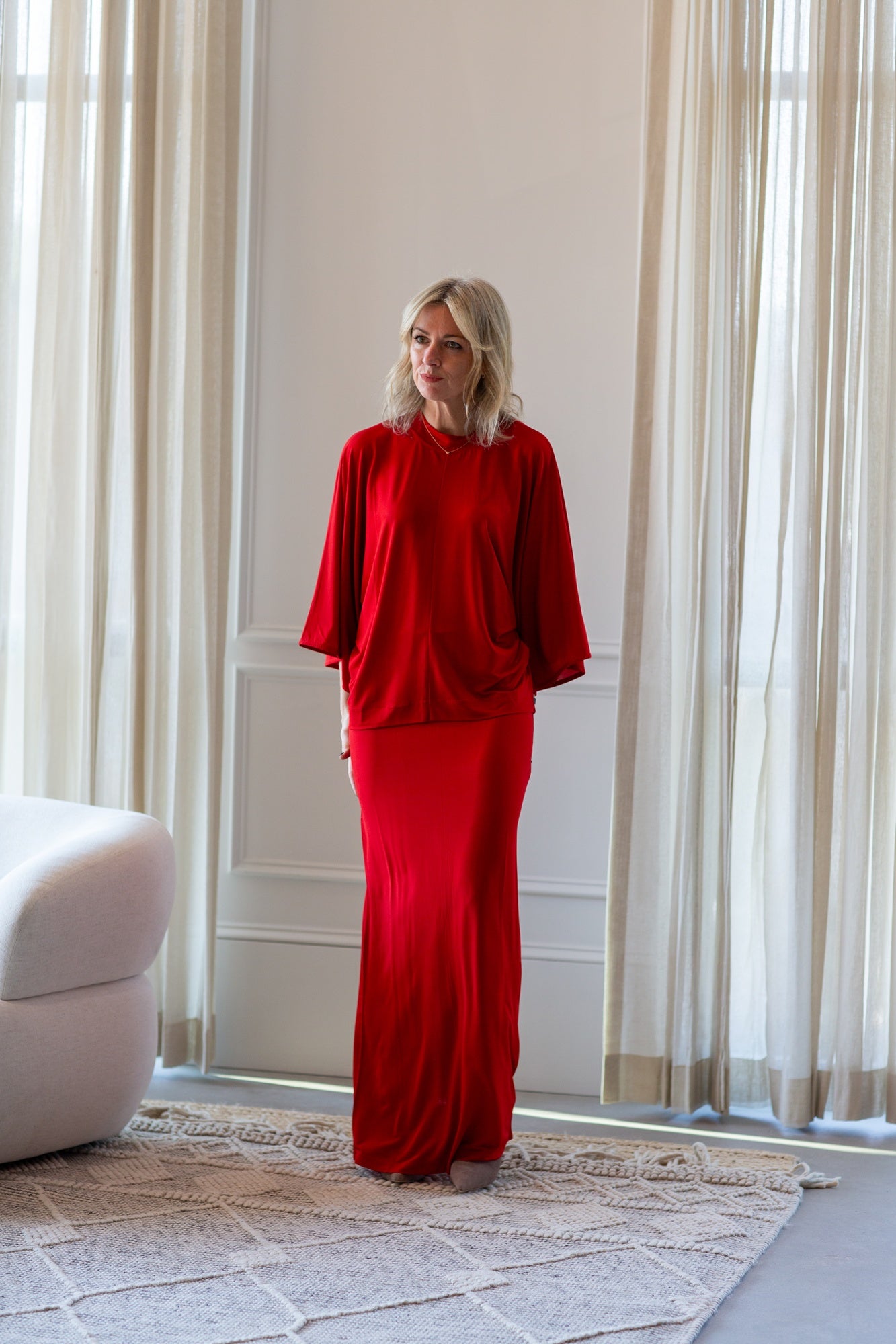 woman wearing the house of dagmar jersey kimono top and skirt