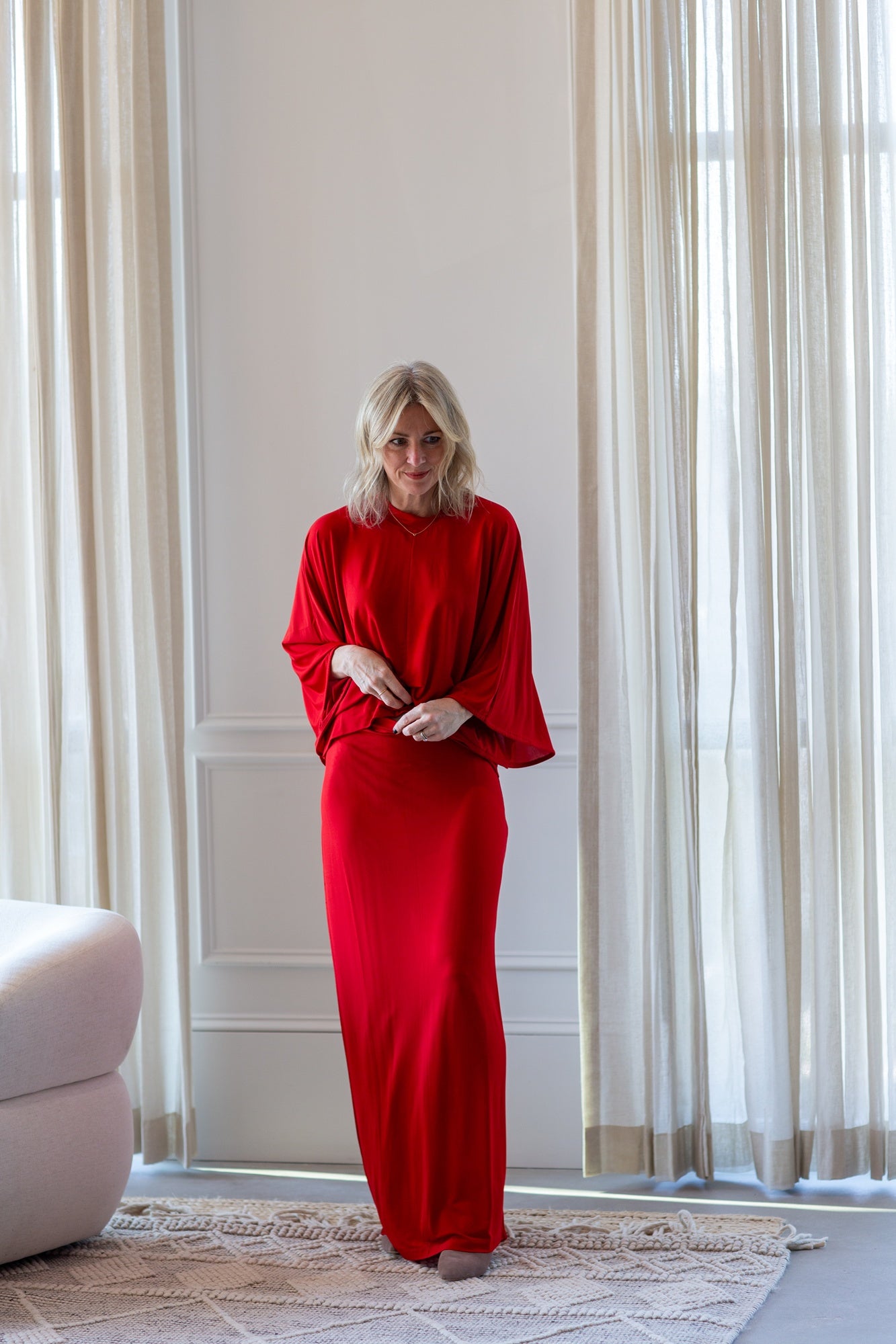 woman wearing the house of dagmar jersey kimono top and skirt