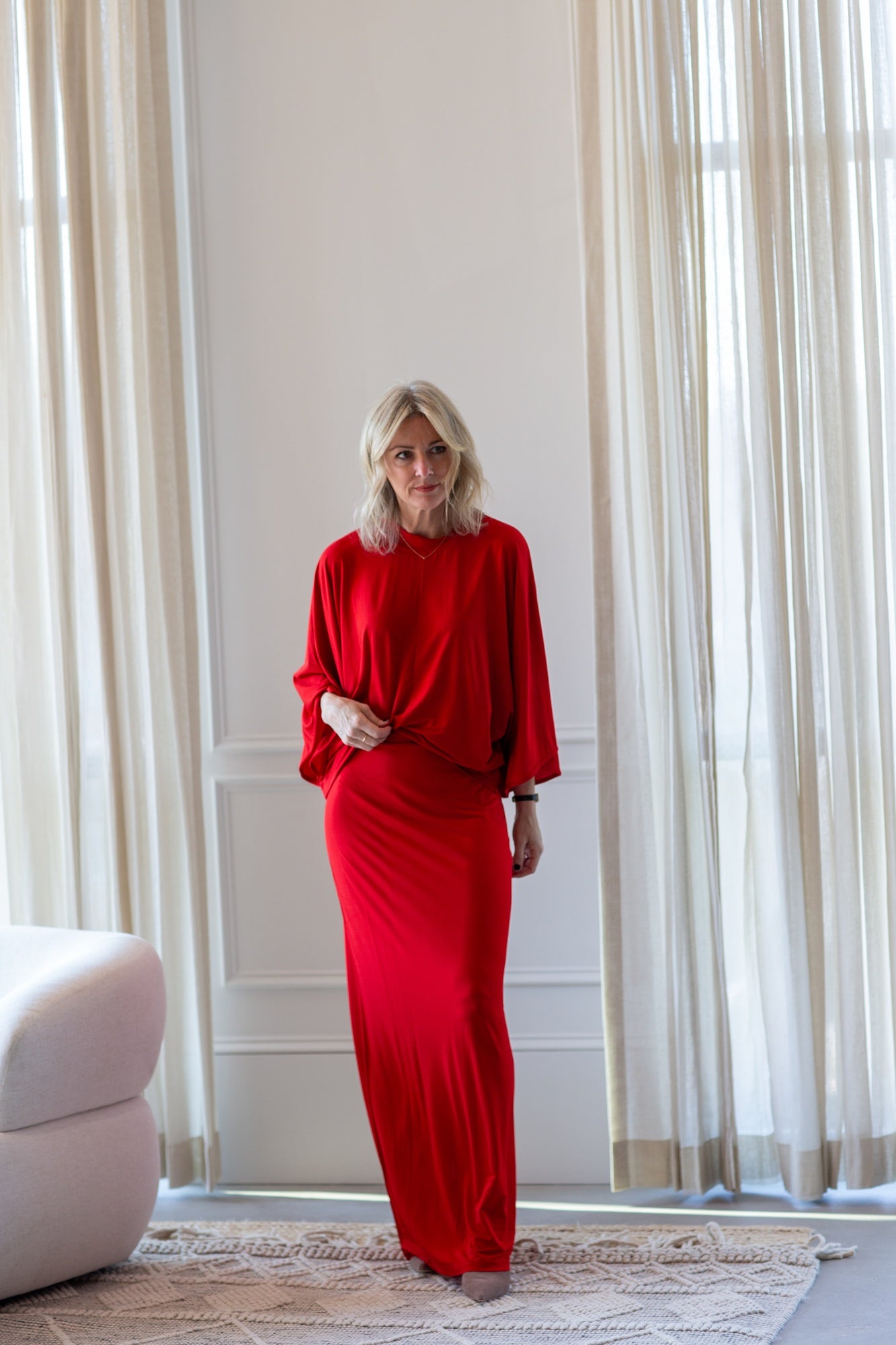 woman wearing the house of dagmar jersey kimono top and skirt