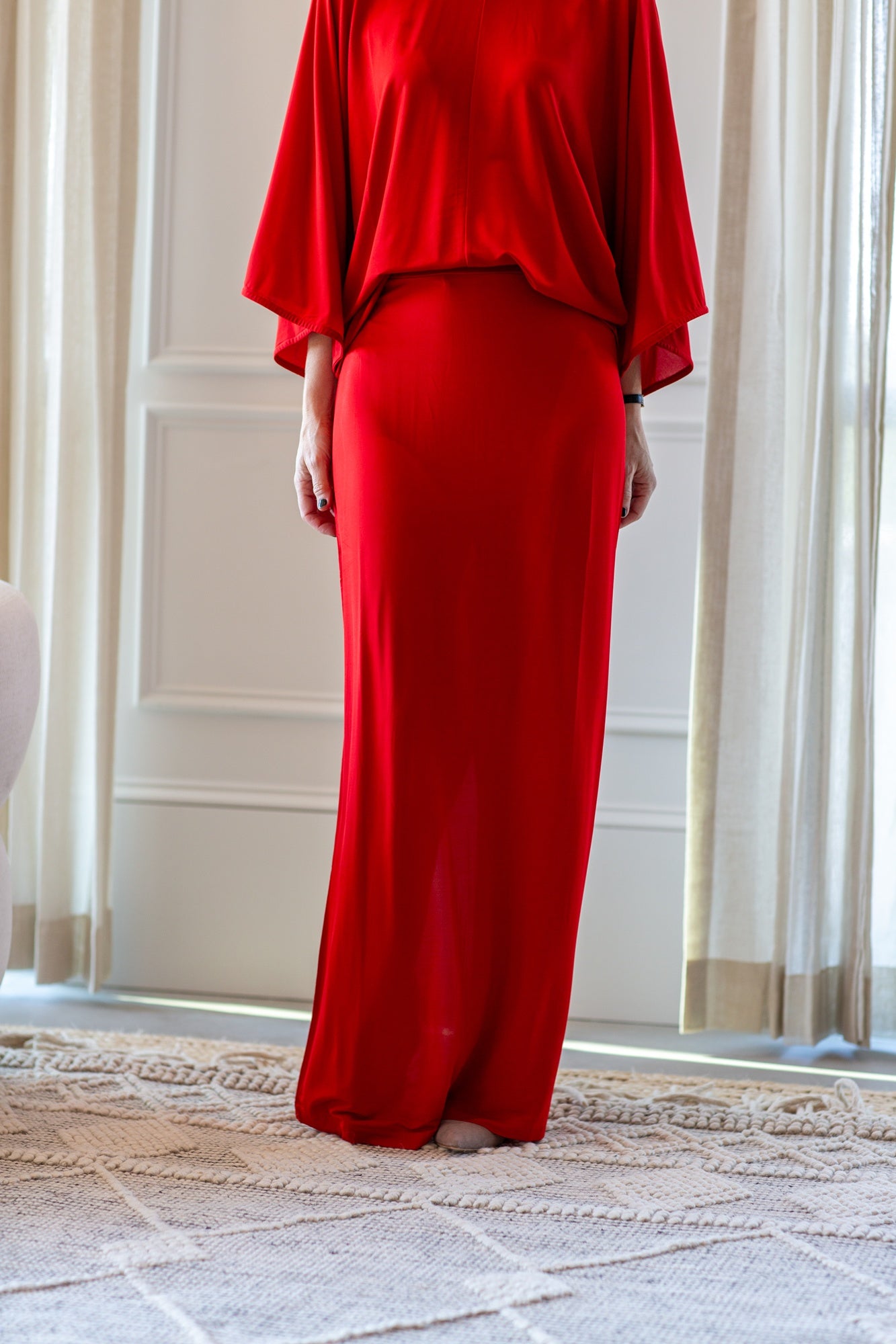 woman wearing the house of dagmar jersey kimono top and skirt