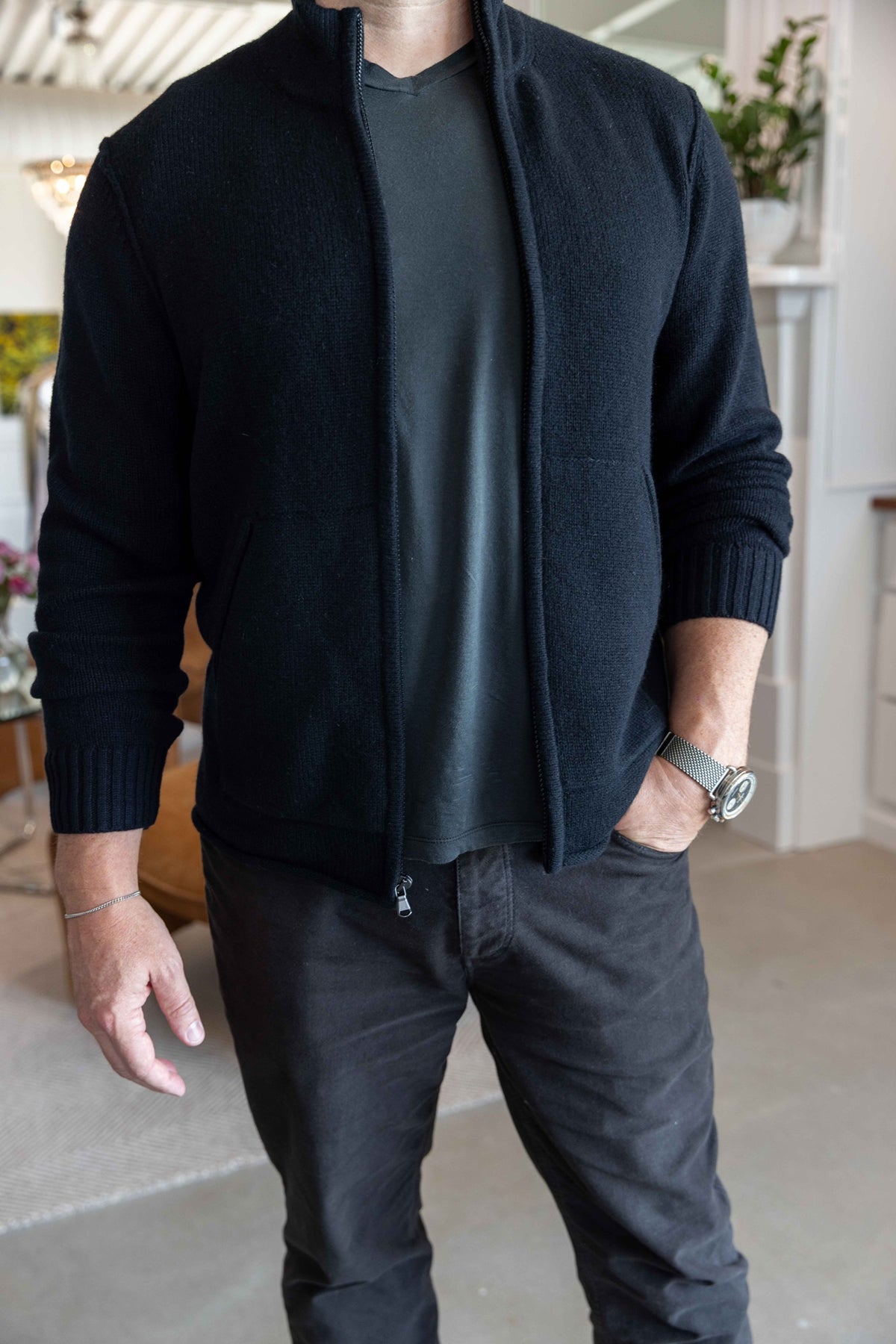 James Perse Recycled Cashmere Full Zip Sweater Black