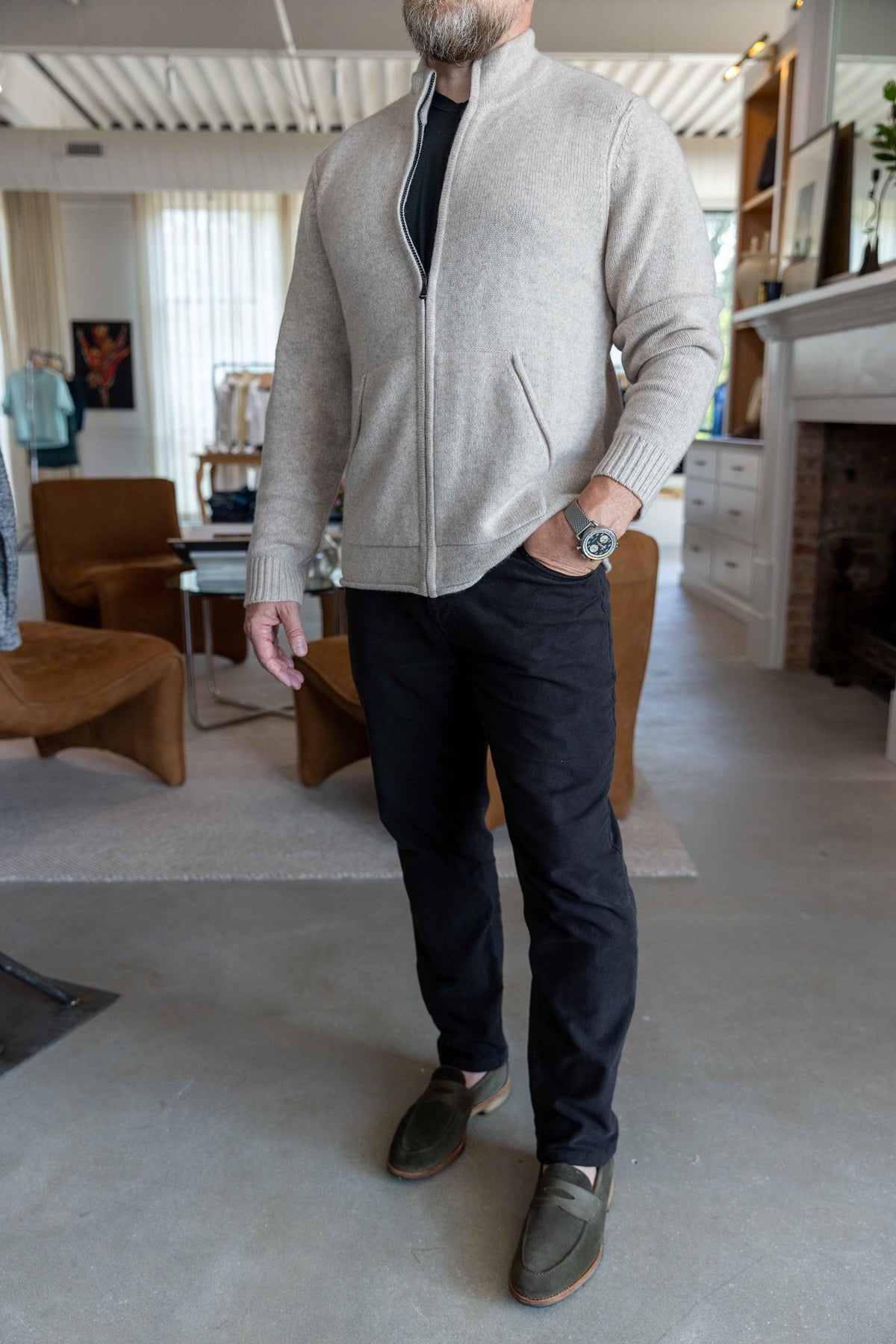 James Perse Recycled Cashmere Full Zip Sweater Stone