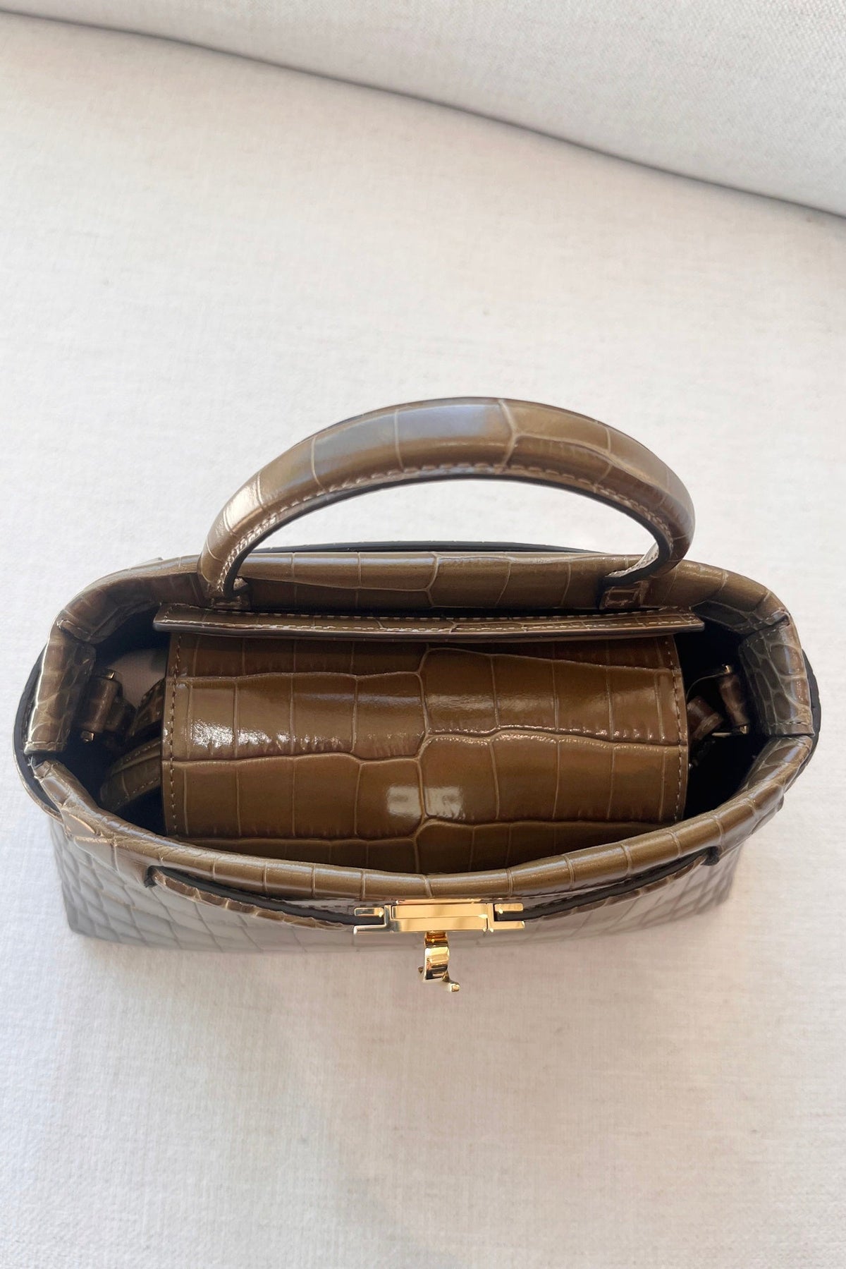 Janessa Leone Mini Leone Bag in Umber Croc, top-down view of the open bag showing the interior and gold-tone clasp