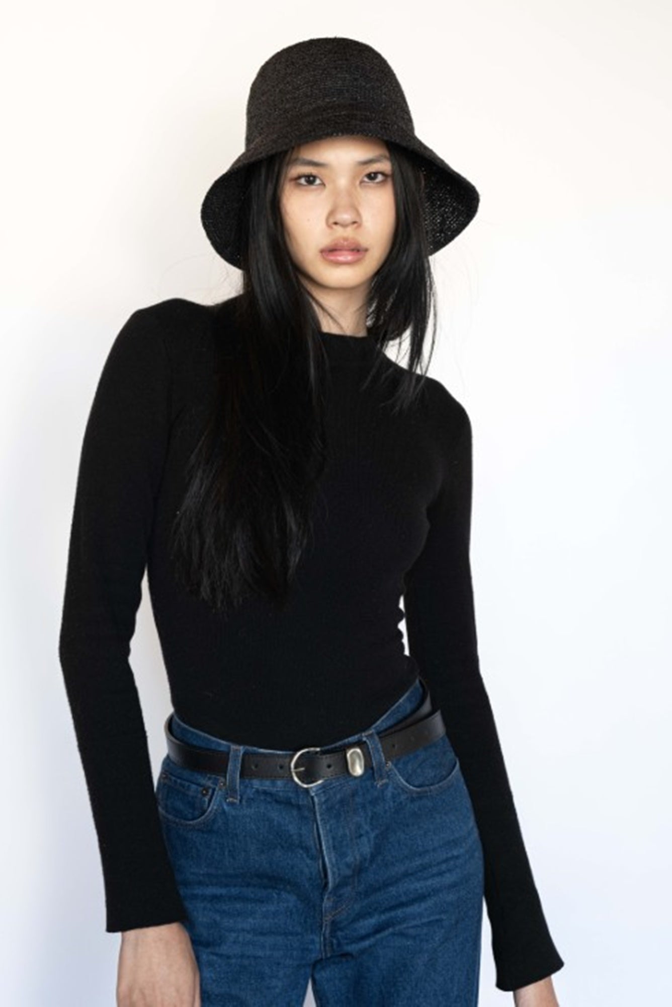 model wearing the janessa leone myra belt in black
