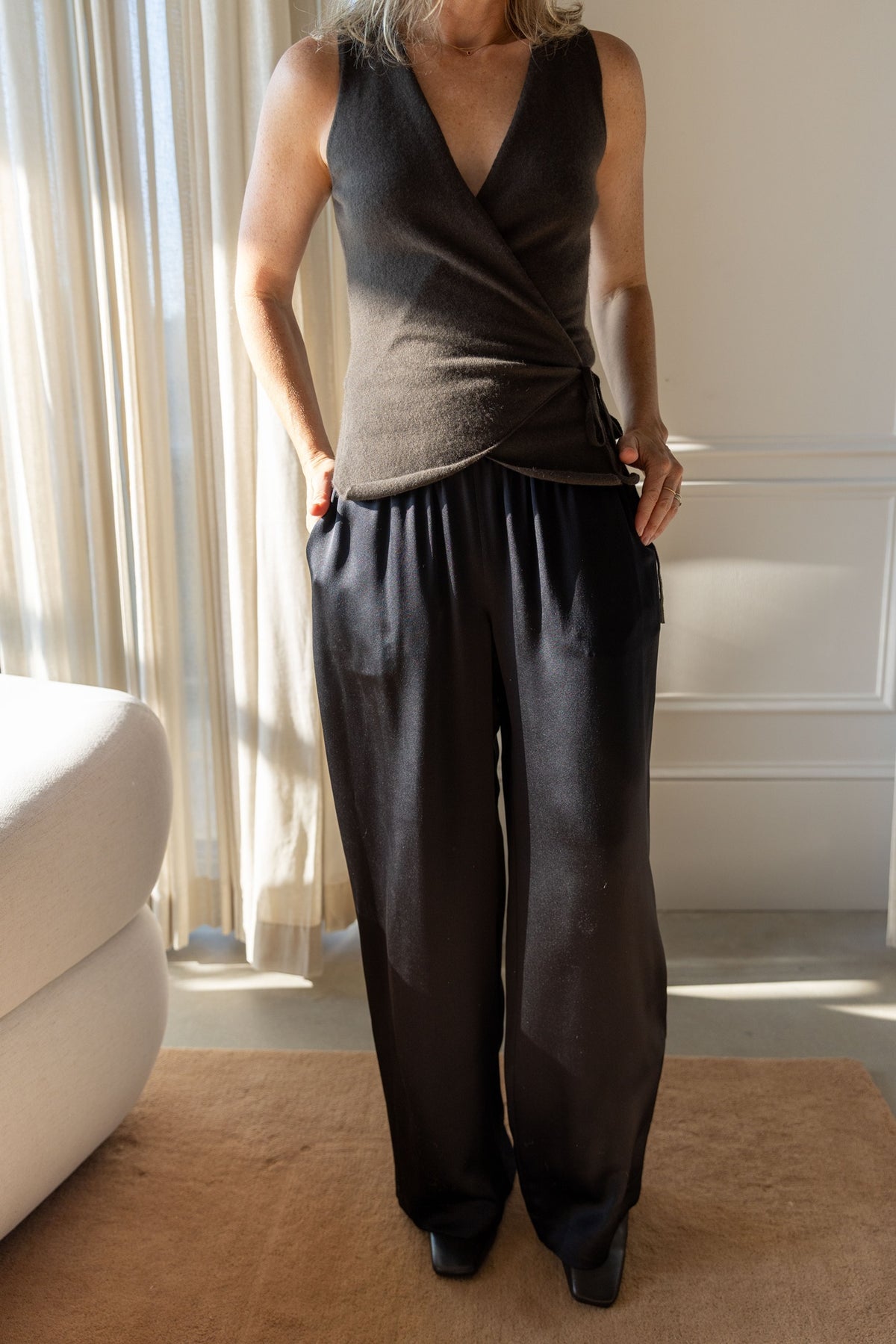 Lisa Yang Nayi Top in dark fern cashmere with Sablyn Brynn silk pants, full-length front view
