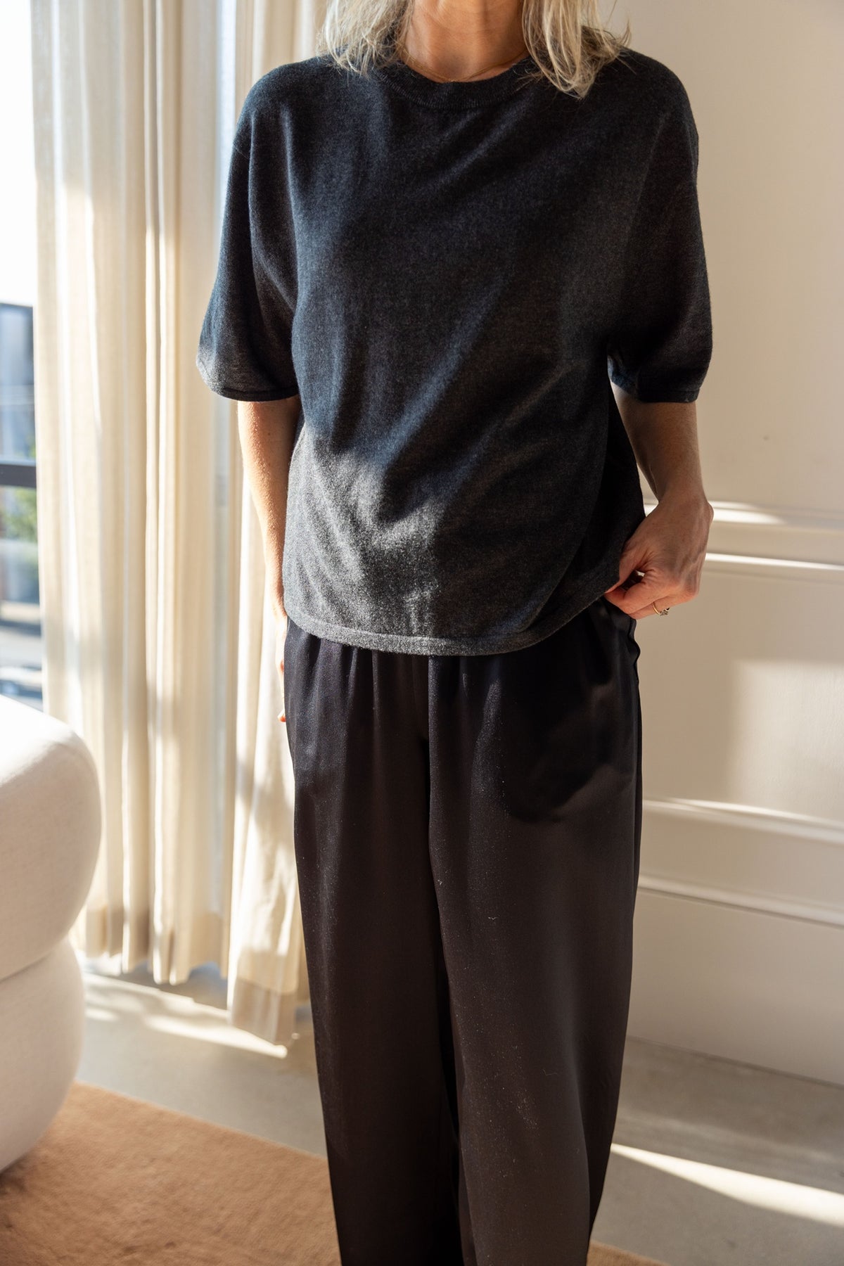 Lisa Yang Rubie T-Shirt in eclipse, relaxed short sleeves and soft drape, worn with Sablyn Brynn silk pants