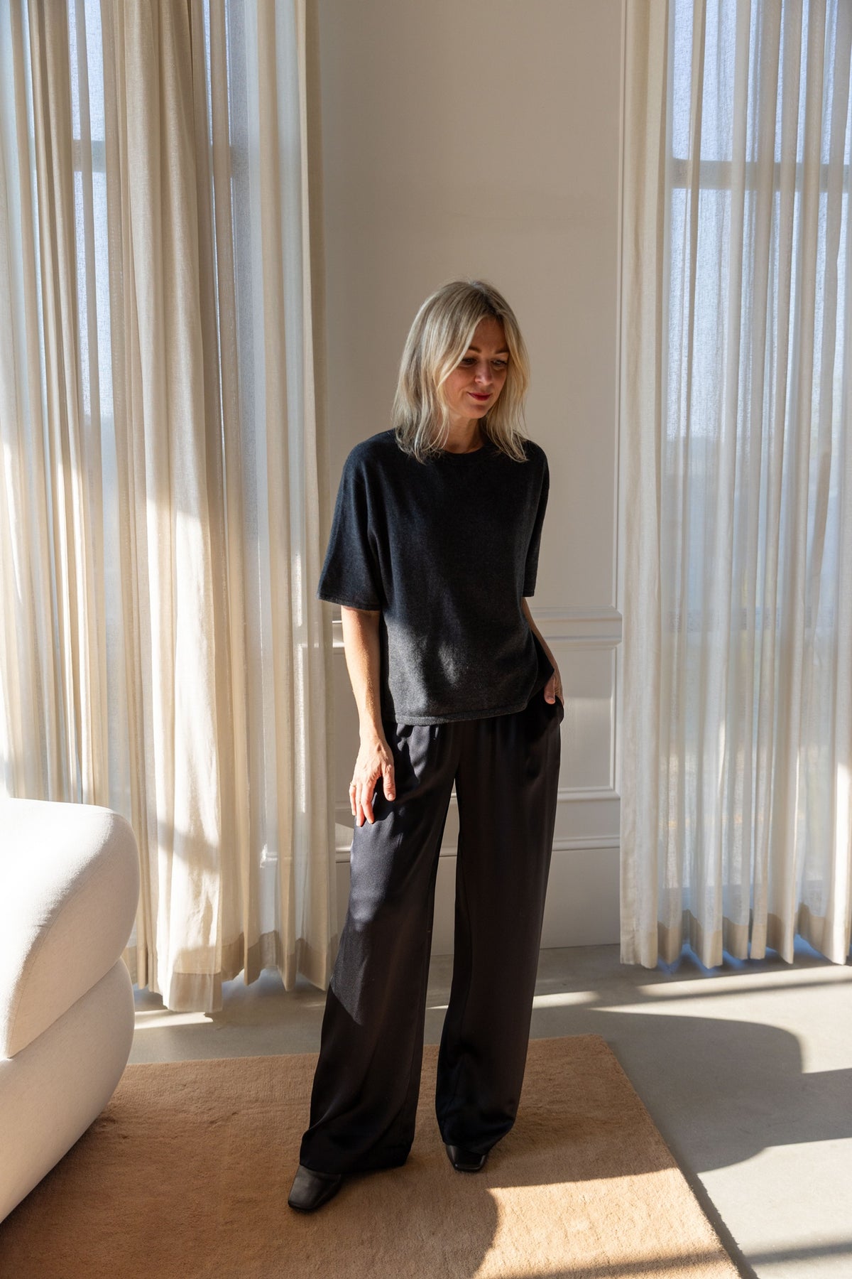 Lisa Yang Rubie T-Shirt in eclipse cotton cashmere tucked into wide-leg Sablyn Brynn silk pants