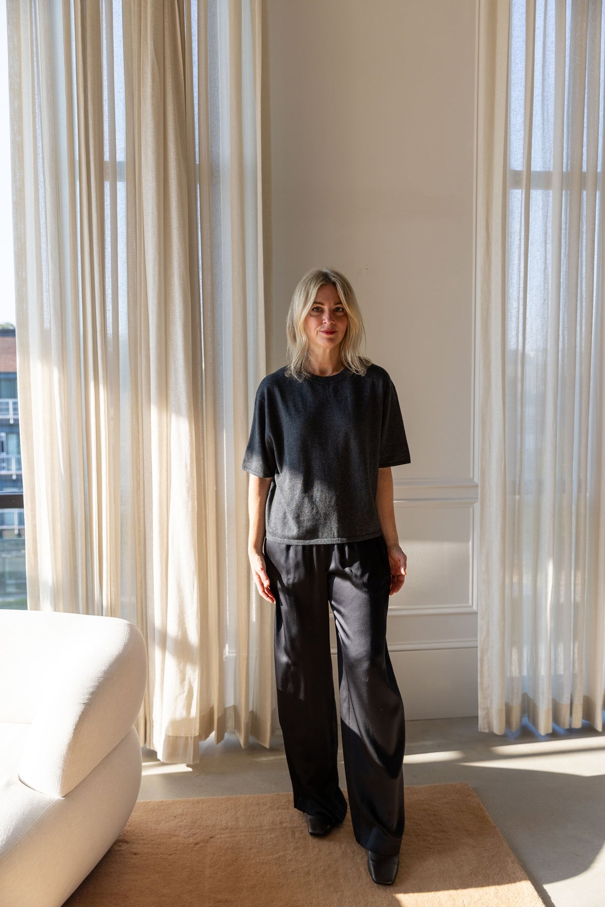 Lisa Yang Rubie T-Shirt in eclipse with Sablyn Brynn silk pants, full-length front view